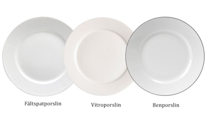 Tre vita tallrikar från Rörstrand, Nordic Nest och Gustavsbergs Porslinsfabrik tillverkade i olika typer av porslin har olika nyanser av vitt. 