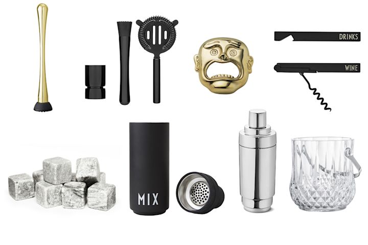 Drinktillbehör från Bloomingville, shaker från Design Letters & Georg Jensen, flasköppnare från Skultuna. 