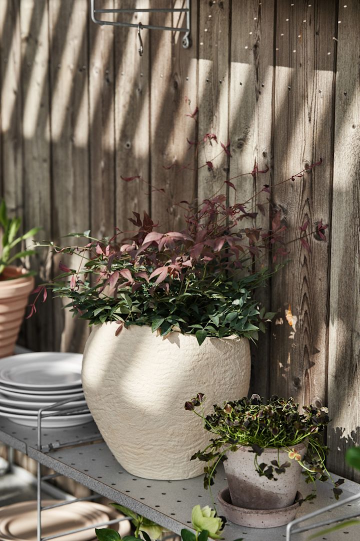 En stringhylla på en terrass, på vilken den stora blomkrukan Plantas från Audo Copenhagen står.