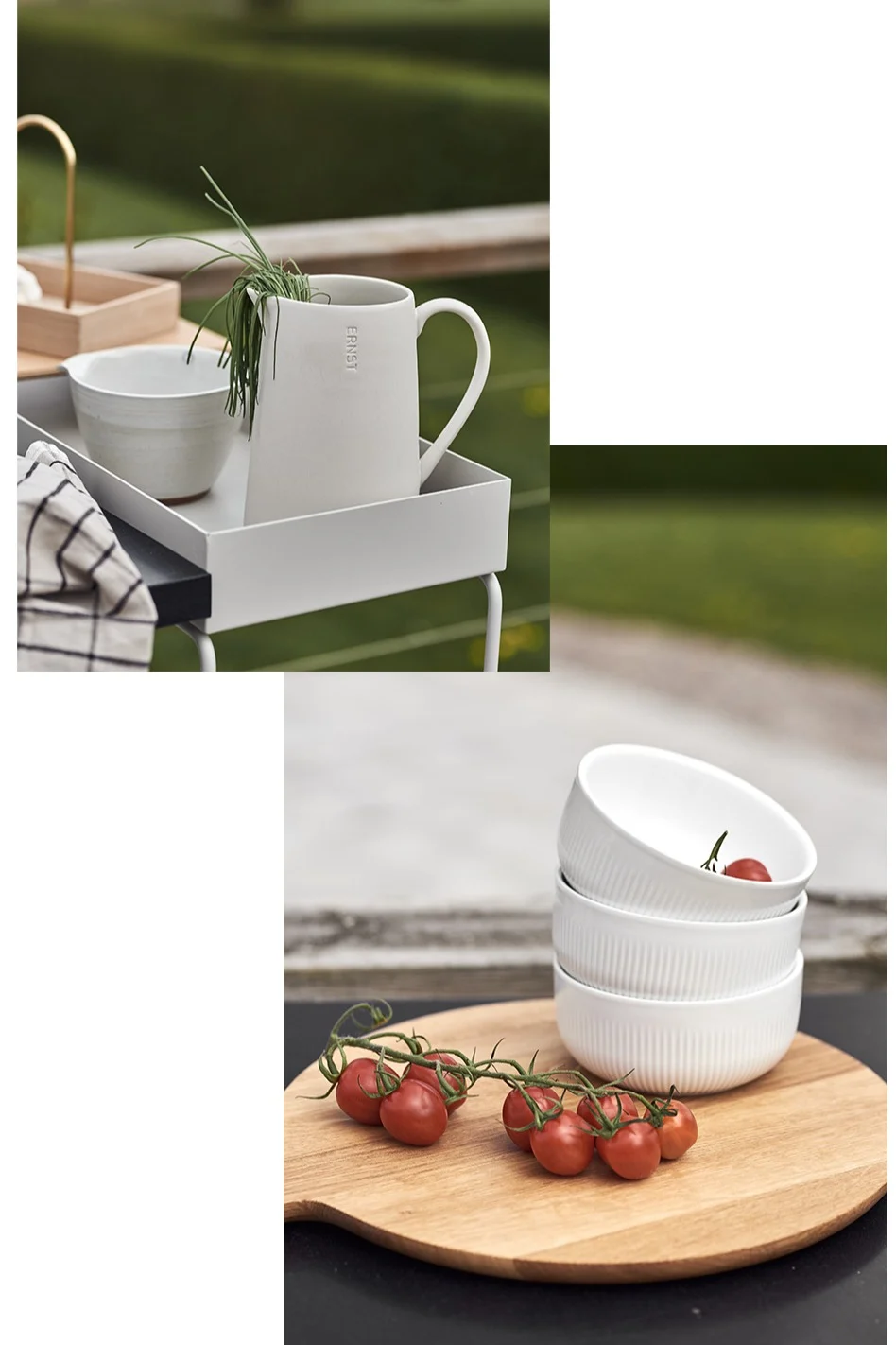 Inred ditt utekök med Ernst vita kanna i stengods med god gräslök i tillsammans med Eva Solos vita skålar fyllda med nyplockade tomater.