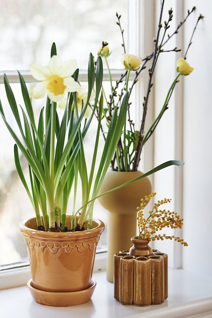 Bergs Potter kruka, Pillar vas från Cooee Design och liten kruka i ockra med vårblommor i står på fönsterbrädan. 