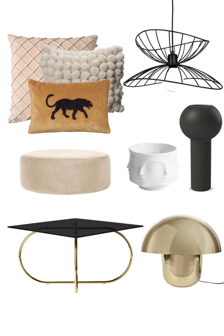 Kollage som visar på en av Instagrams populära inredningsstilar med sammetskuddar, svart taklampa och bord med mässingsben. 