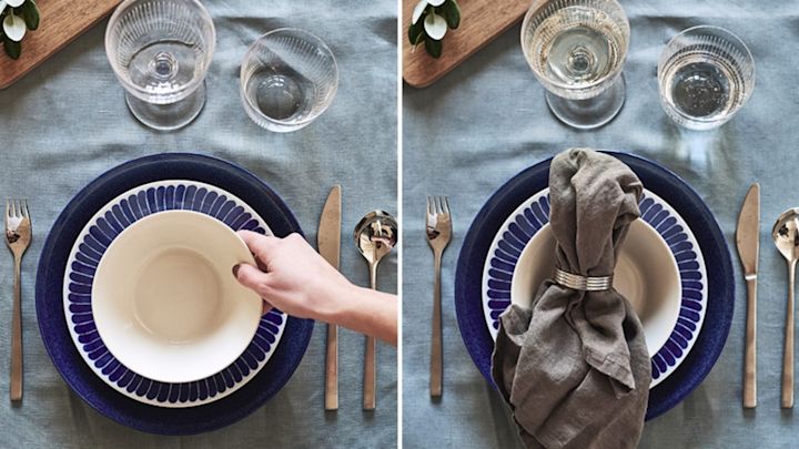 Blåvitt porslin som blandats till ett vårkuvert bestående av tallrikar från Iittala och Götefors porslin på en blå duk. 