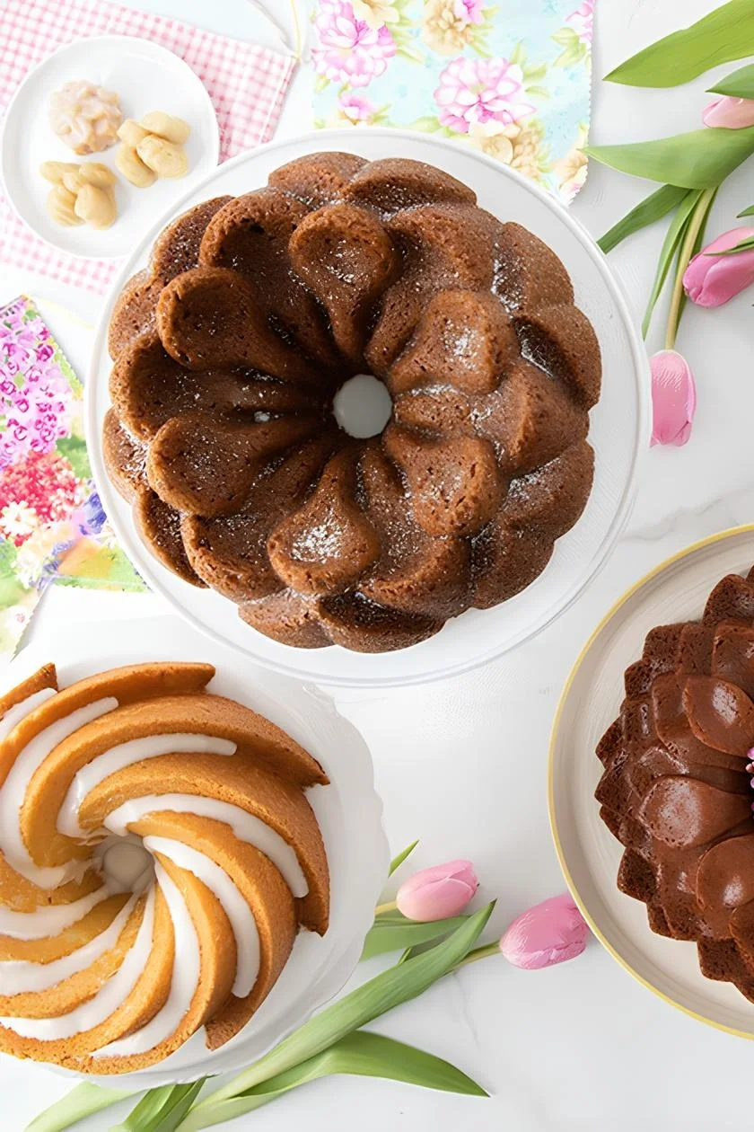 Med bakformarna från Nordic Ware, här heritage bundt och magnolia bundt baking tin, kan du på nolltid trolla fram vackra tårtor till påskbordet.