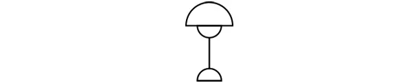 En enkel linjeteckning av en bordslampa med en kupolformad skärm och en halvcirkelformad bas.