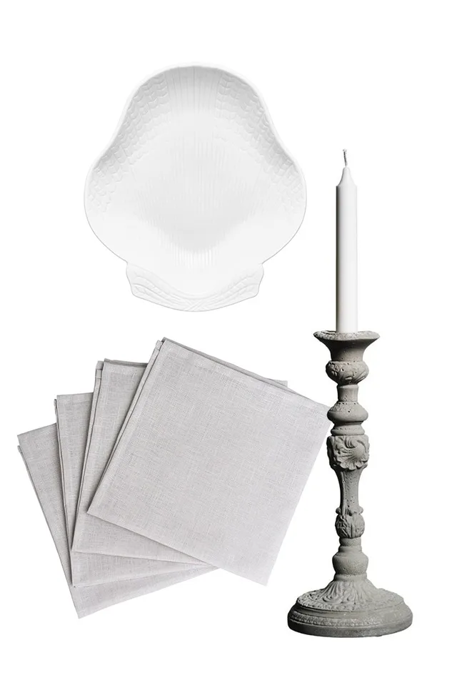 Kollage med julklappstips från Emilia de Poret, en halva från duon Säker Stil, innehållandes linneservetter, snäckfat och betongljusstake. 