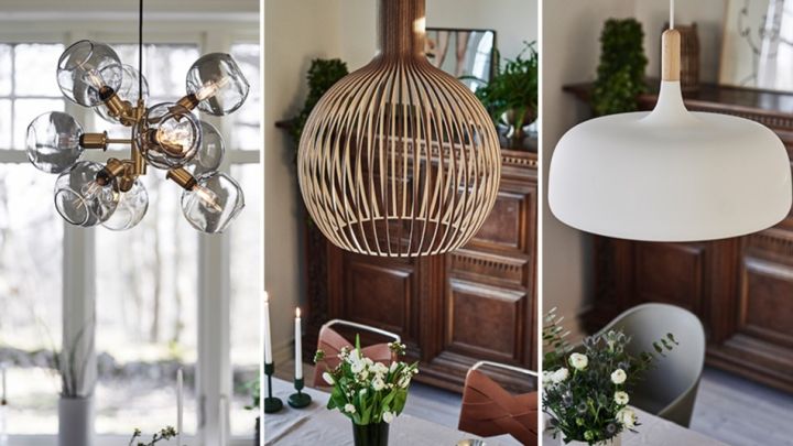 Matplats inspiration med lampor i olika stilar som Tage taklampa, Secto Design Octo 4240 lampa och Acorn taklampa. 