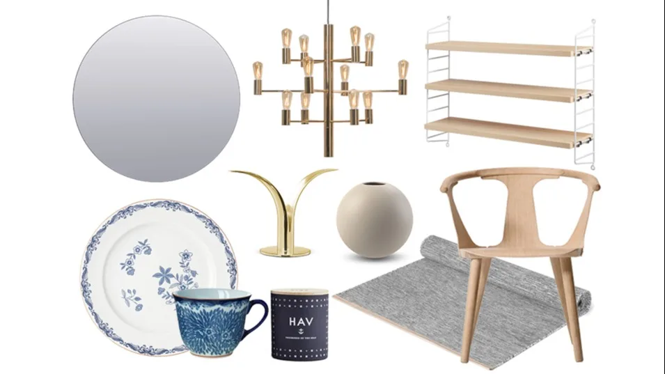 Kollage med inredningsdetaljer för en matplats i klassisk skandinavisk stil med Stringhylla, rund spegel och Ostindia tallrik från Rörstrand.