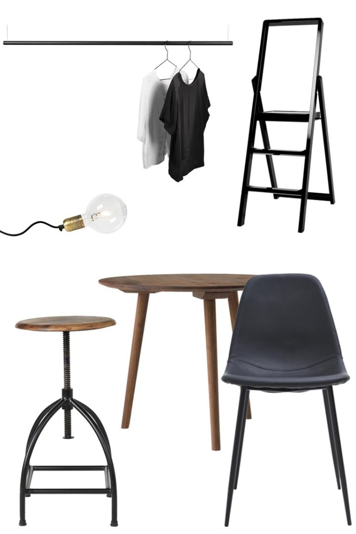 Kollage med möbler i industriell stil i svart och mörkt trä visar hur man snor stilen från Instagrams populära inredningsstilar. 