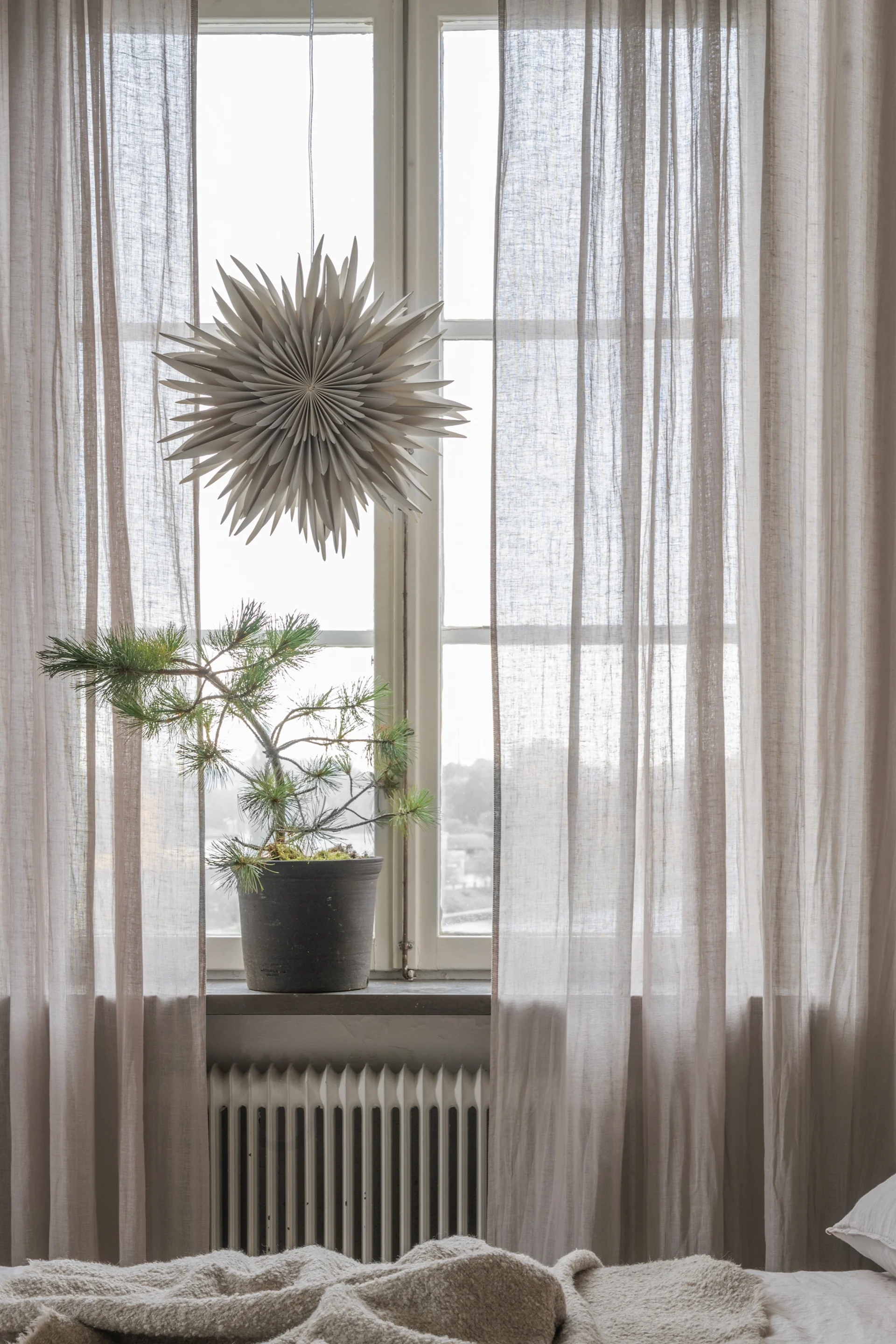 I ett stort fönster med tunna linnegardiner hänger Maja en av årets adventsstjärnor 2025.