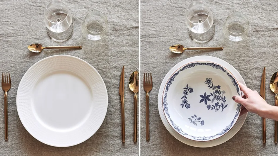Del 1 en vårdukning där grunden utgörs av vit Swedish Grace tallrik, Ostindia djup tallrik och guldbestick från Broste Copenhagen.