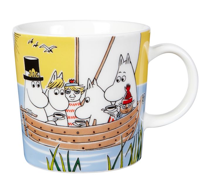 Muminmugg från sommaren 2014 med Muminfamiljen på båtutflykt med kaffe.