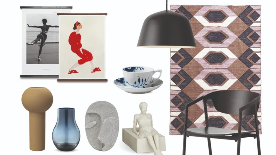 Kollage med inredningsdetaljer inspirerade av dansk design och Köpenhamn med detaljer från House Doctor, Muuto och Georg Jensen.