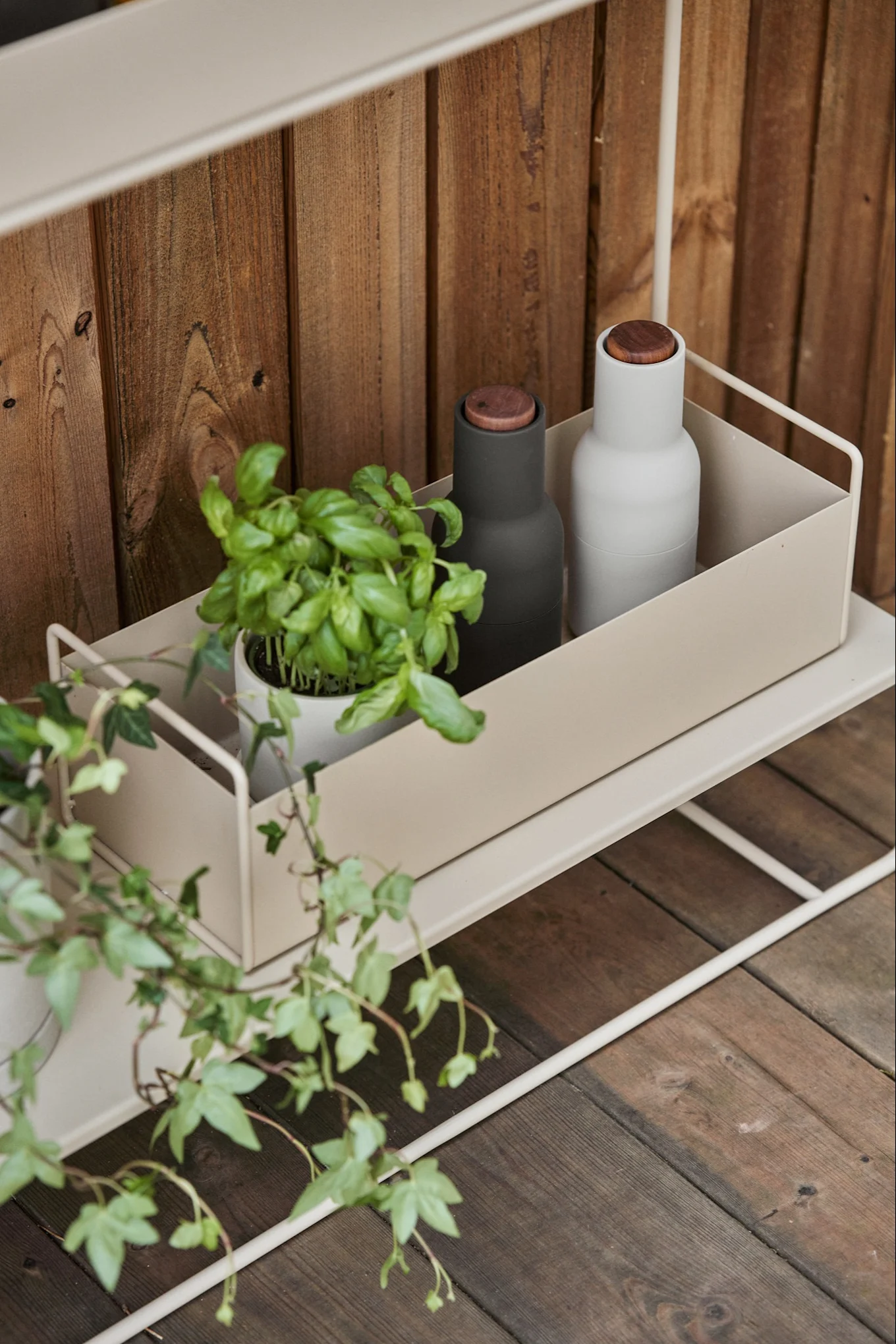 En basilika och två minimalistiska flaskor (mörkgrå och ljusgrå) med trähätta står på en ljusbeige metallhylla mot en trävägg.