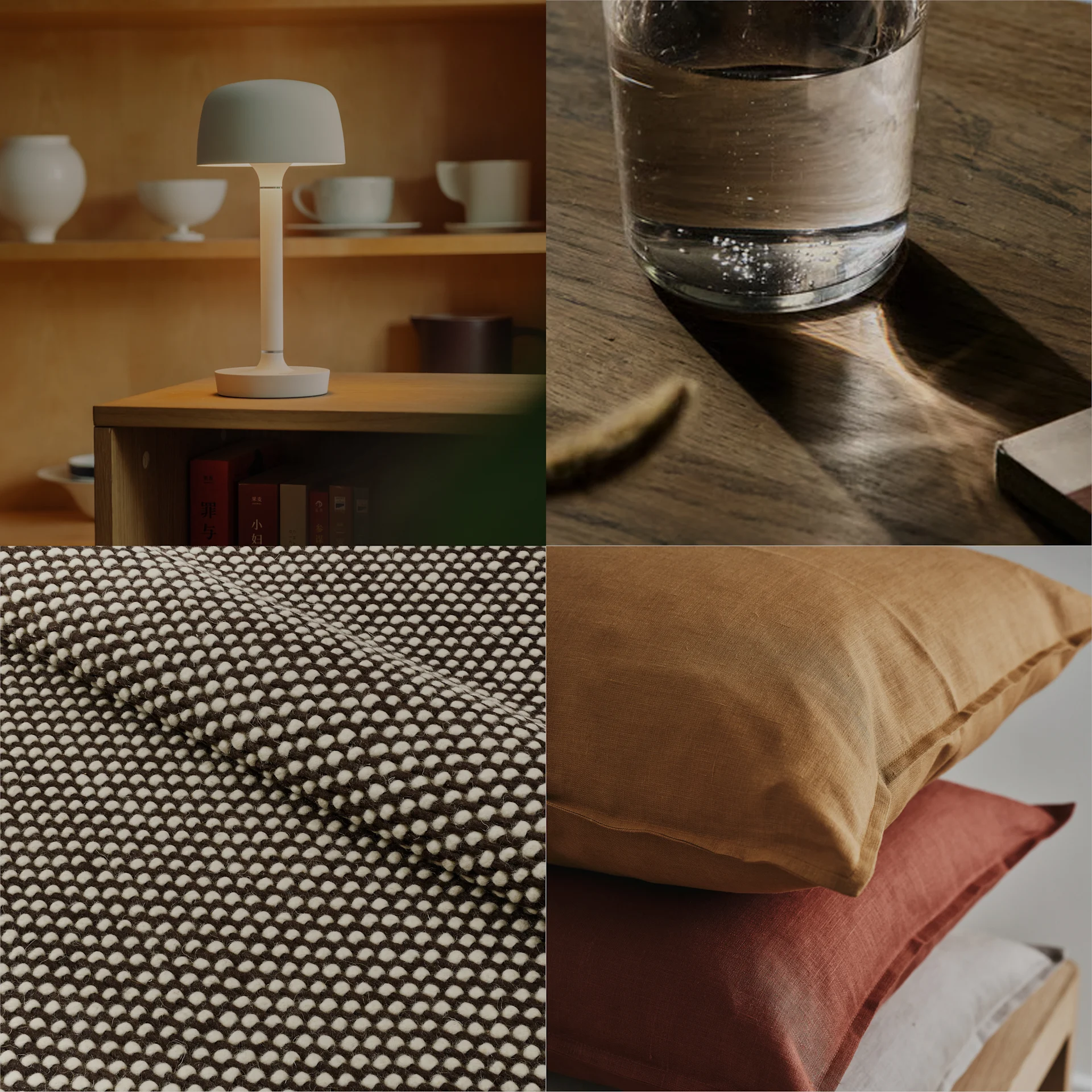 Fyrfacks-collage: pappersstjärnelampor, vattenglas på trä, texturerad prickig matta och staplade linnékuddar.