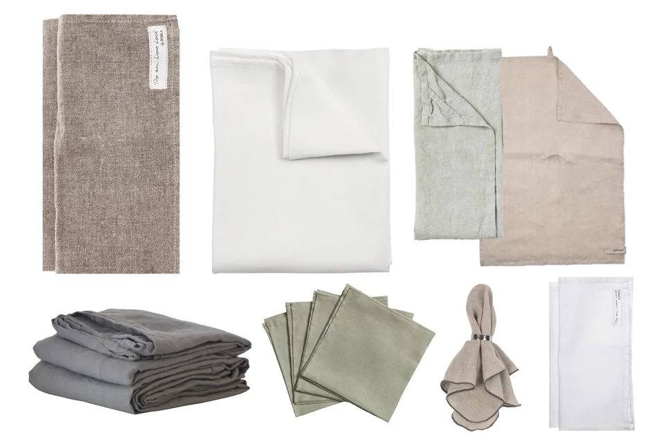 Kollage med linnefavoriter som linneduk från Himla, linneservetter från Nordic Nest och kökshanddukar i linne.