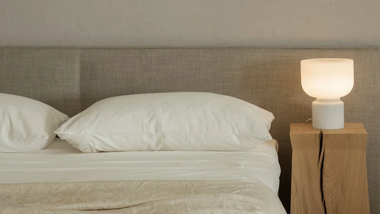 Grace är en stilfull bordslampa i stilren design från Watt & Veke, här placerad på nattduksbord i trä bredvid bäddad säng med ljusa lakan. Grace är en trivsam sovrumslampa som passar lika bra i fönstret som intill sängen.