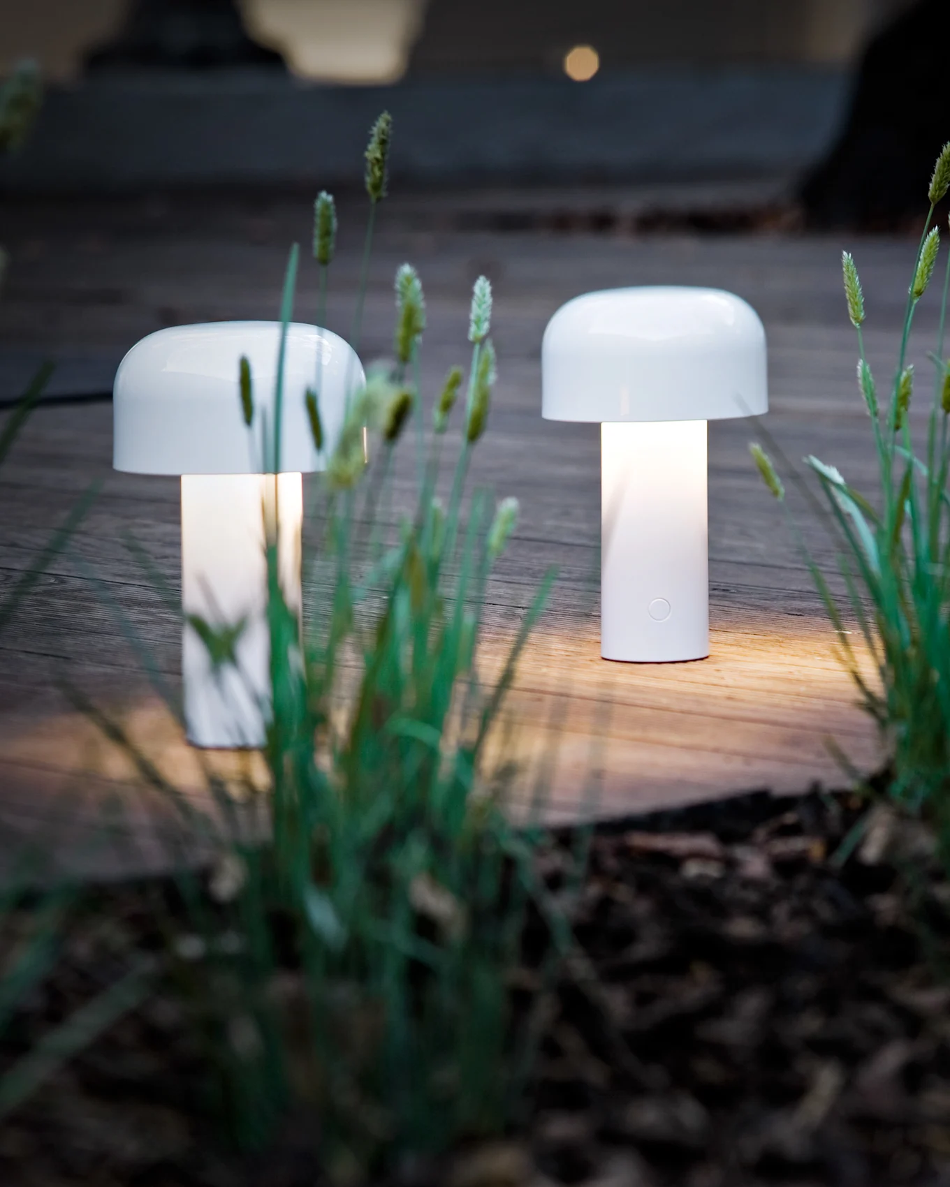 Två vita svampformade lampor lyser mjukt på ett trädäck, omgivna av grönt gräs i skymningen.