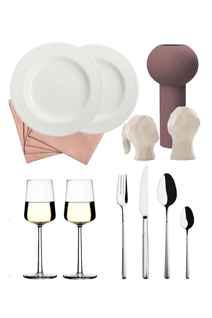 Duka med vackert porslin, linneservetter, bestick och fina glas inför er Alla hjärtans dag-middag hemma. Addera en passande vas för Alla hjärtans dag-buketten.