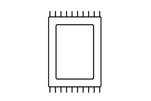 Kontur av en rektangulär matta med fransar upptill och nedtill.