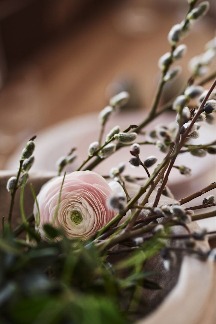 Addera liv och rörelse till den lantliga stilen i påskdukningen med hjälp av våriga blomsterarrangemang, här med videkvistar och ranunkel.