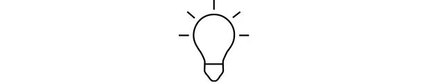 Kontur av en glödlampa med strålande linjer, som symboliserar en idé eller belysning.