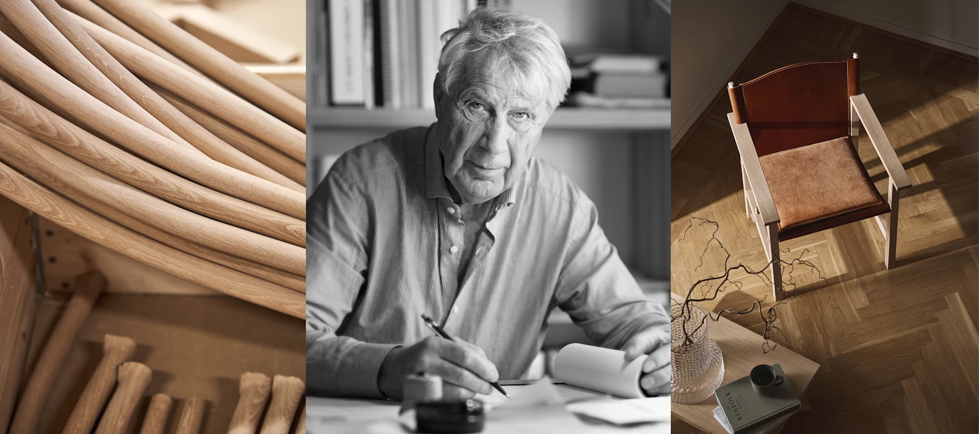 Välkommen till Gärsnäs, varumärket som tillverkat möbler i över 130 år, här bild som visar formgivaren Åke Axelsson, Ferdinand fåtölj och trädelar på fabriken.
