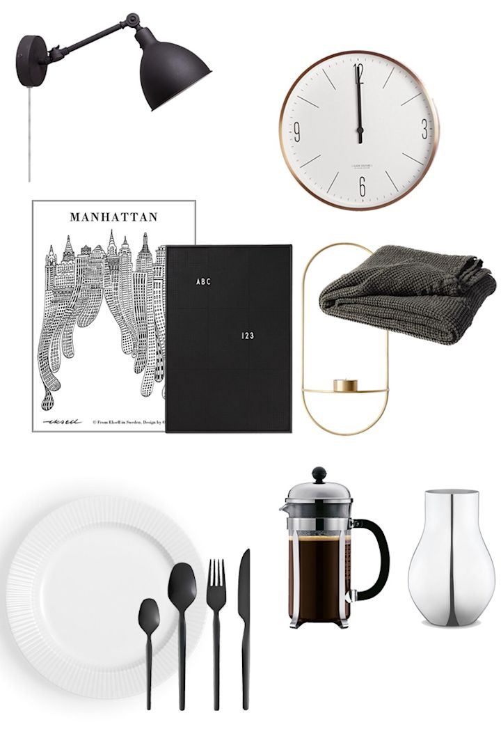 Kollage på hur man kan sno stilen från Instagrams populära inredningsstilar – den industriella stilen med svartvita detaljer som posters och lampa. 
