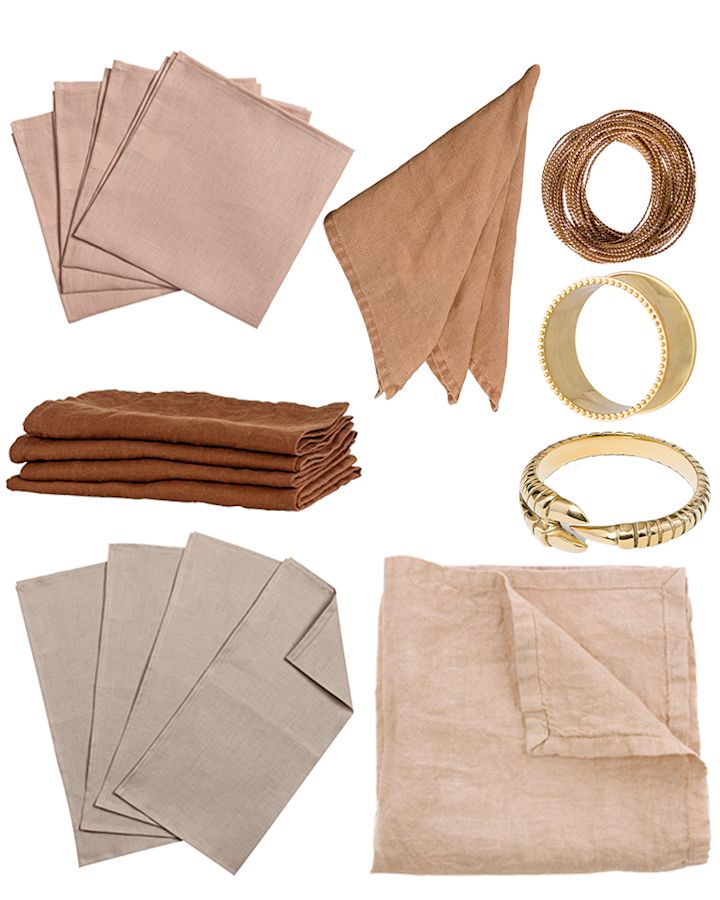 Linneservetter i rosa, beige och brunt tillsammans med servettringar i mässing eller guld blir en snygg kombination om nyårsdukningen går i ett guldigt tema.