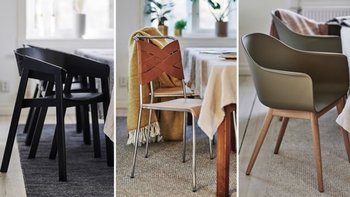 Tre olika matstolar – svart stol från Muuto, Torso stol från Design House Stockholm och Harbour stol från Menu ger matplatsen olika uttryck. 