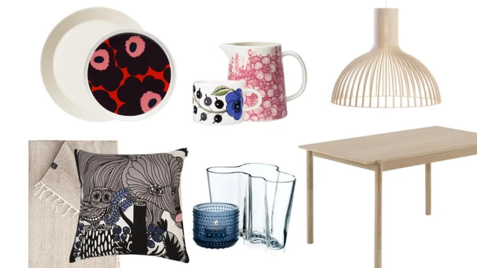 Kollage med inspiration från finsk design och Helsingfors med Arabia porslin, Marimekko kudde och Alvar Aalto vas.