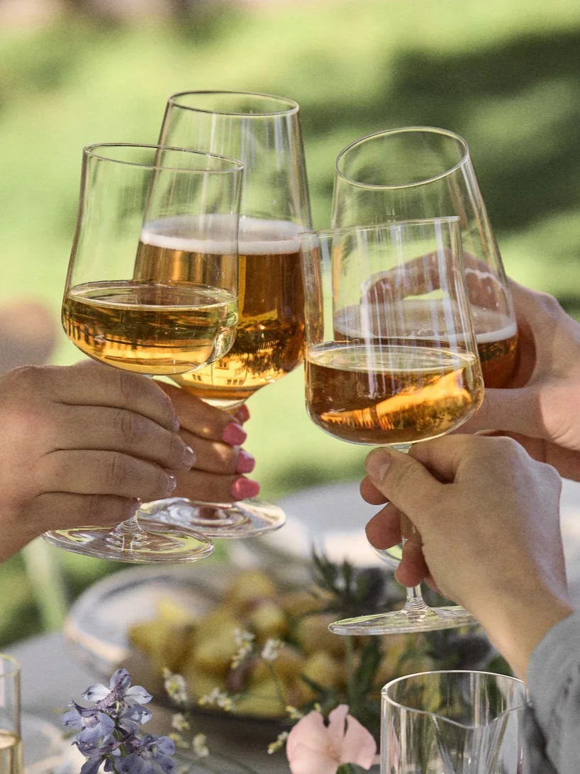 Fyra händer skålar med glas öl och vin vid en utomhussammankomst.