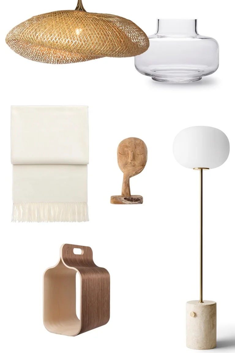 Kollage med Elin Skoglunds inredningsfavoriter hos Nordic Nest.