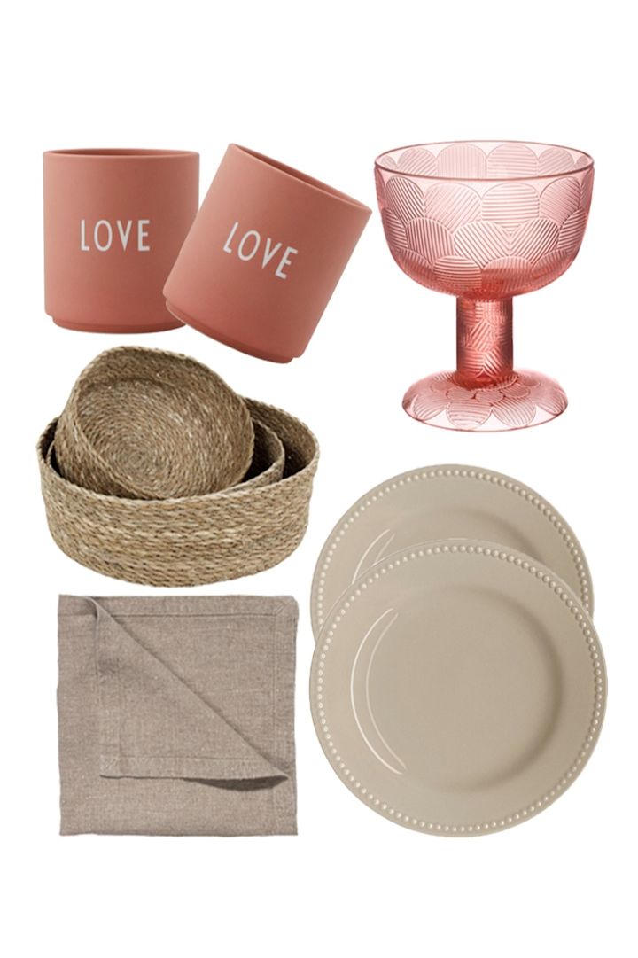 Design Letters Love-muggar, Emil brödkorg från Dixie, Dots assietter från Scandi Living & Miranda skål från Iittala, perfekt till Alla hjärtans dag-fika hemma!