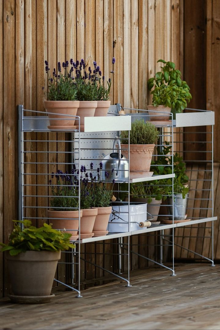 En utomhushylla från String står på @applauddens terrass, fylld med flera växter i Bergs Potters blomkrukor från Copenhagen-kollektionen.