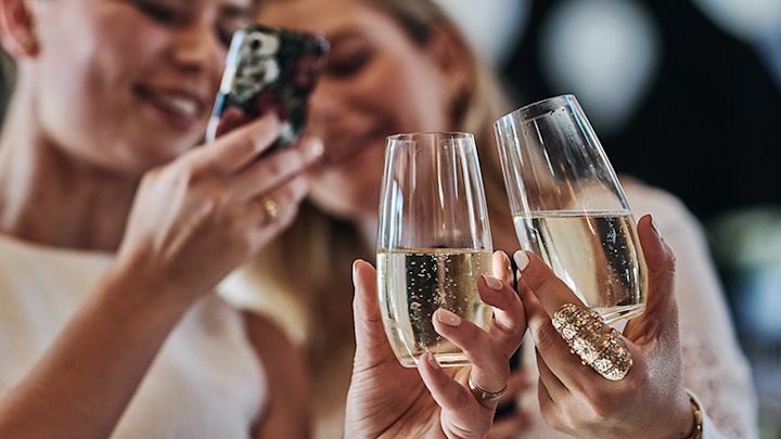 Gäster skålar med champagneglas från Riedel på en sommarfest. 
