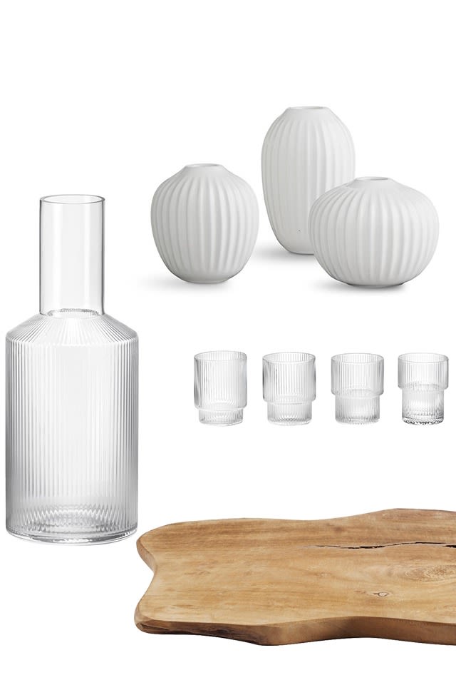 Julklappstips – Ripple-glas och karaff från Ferm Living, Muubs skärbräda och Hammershøi miniatyrvaser i vitt. 